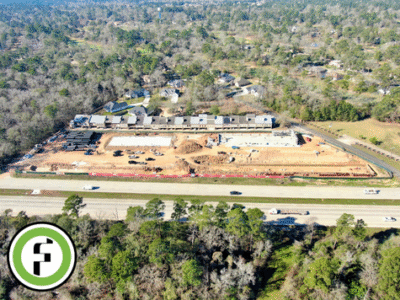 Aerial view of retail space for lease at Panorama Village with end-cap drive-thru available