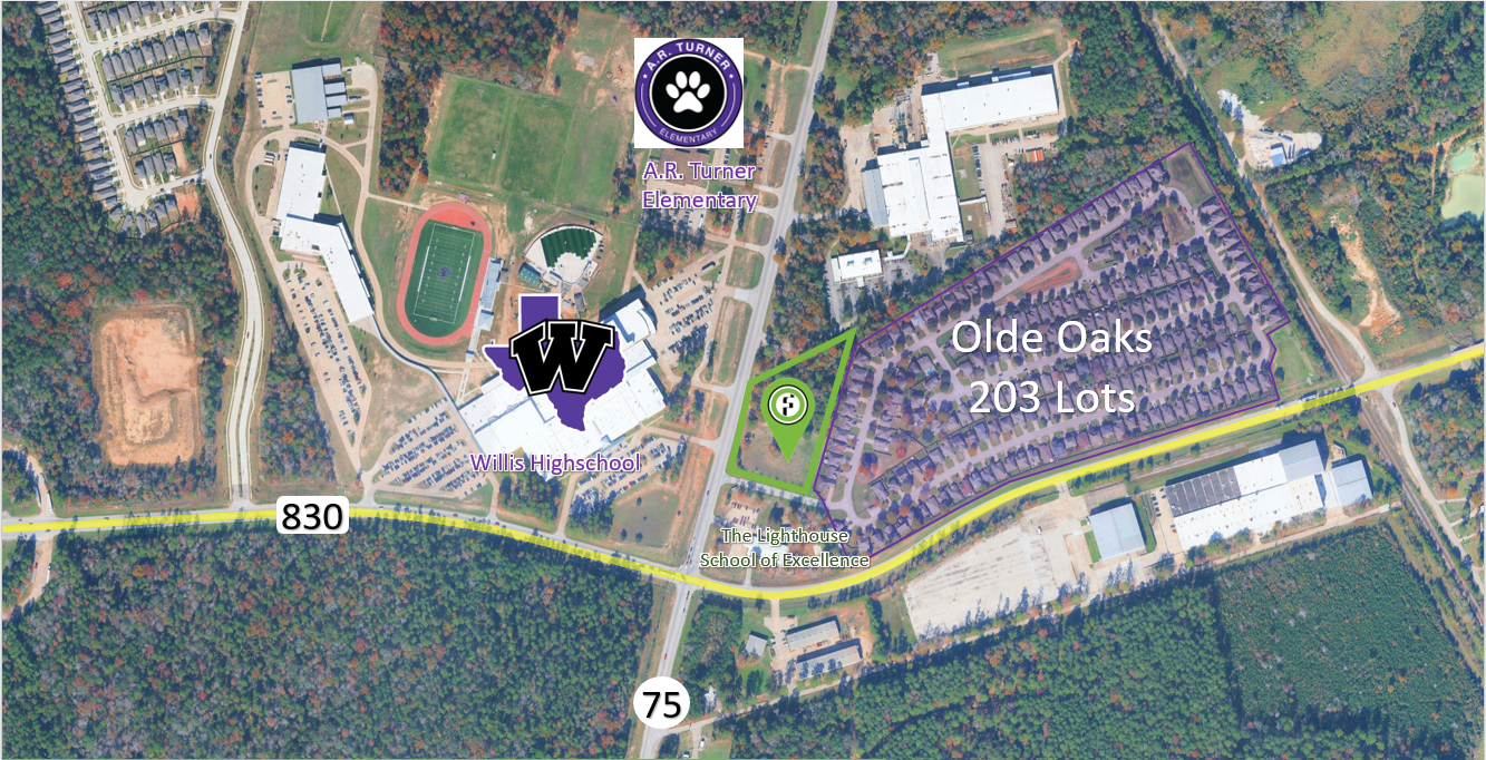 Land for sale at Hwy 75 and Olde Oak in Willis TX outlined on aerial view across from Willis High School