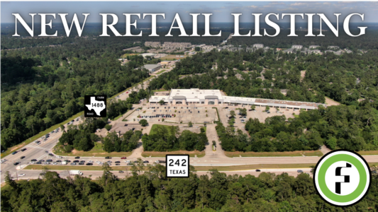 Aerial view of FM 1488 and FM 2978 intersection in The Woodlands Texas near Windvale Shopping Center