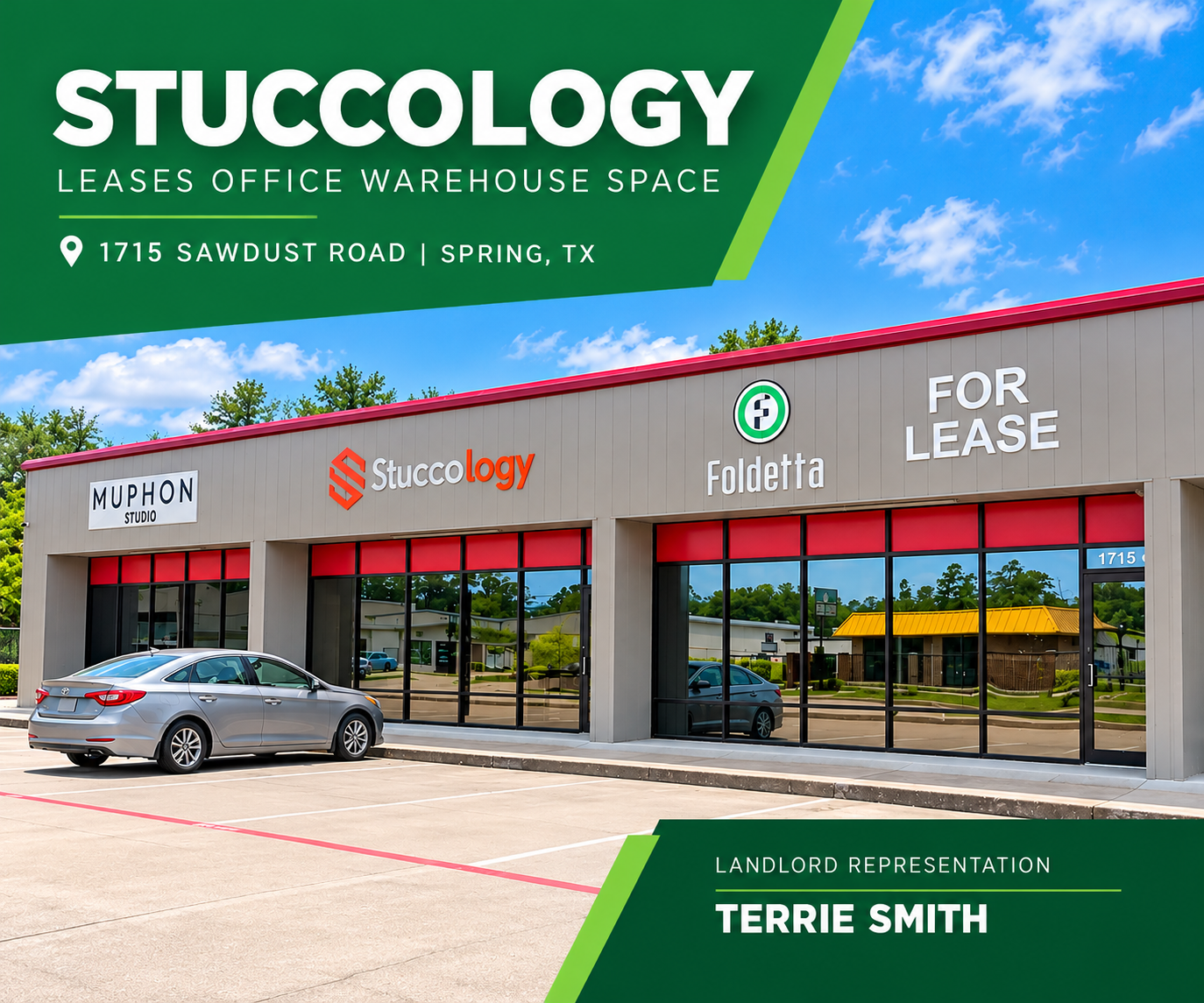 Office warehouse space at 1715 Sawdust Road in Spring TX leased by Stuccology